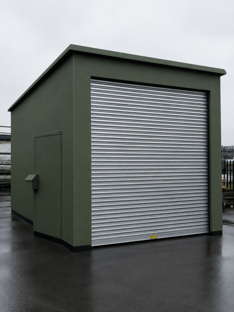 Steel enclosure with roller shutter door