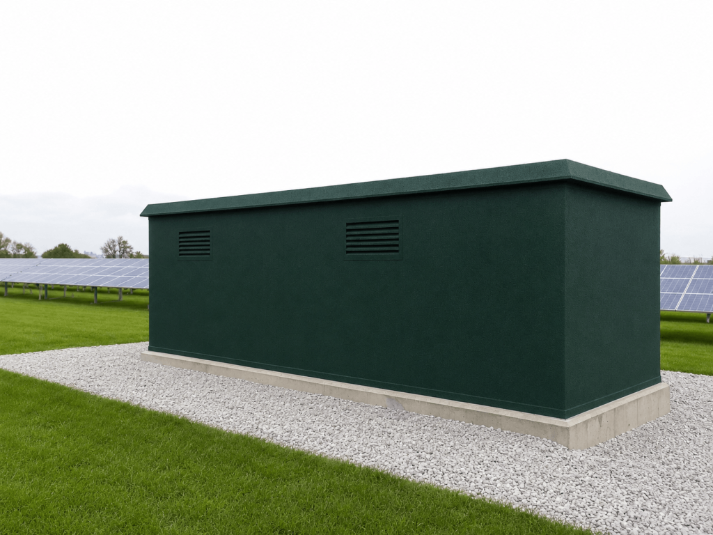 Rear view of a large steel security enclosure
