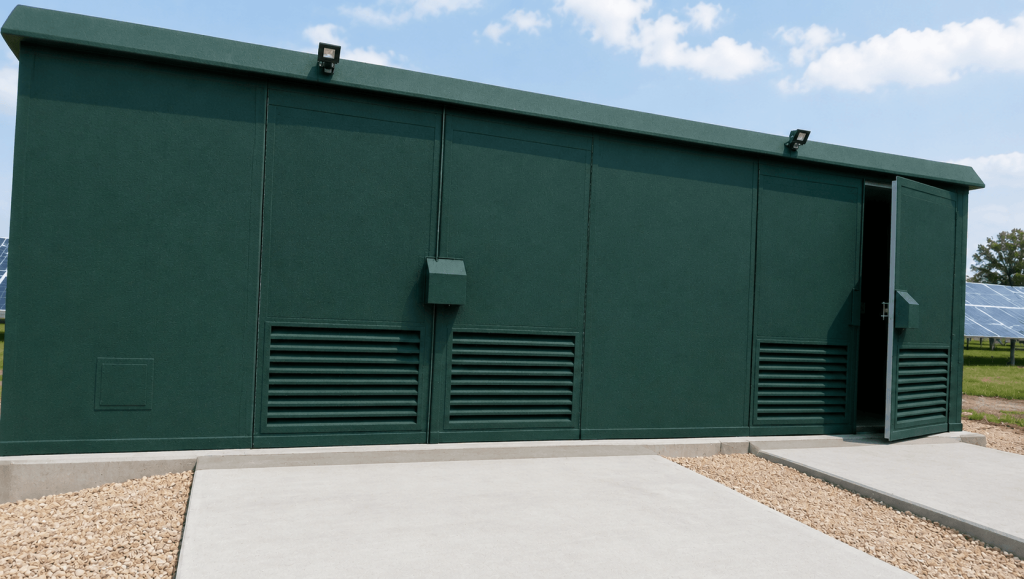 Front view of a large steel security enclosure