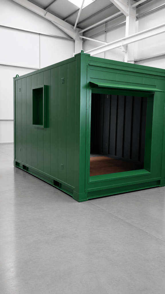 Green steel container conversion with door and window