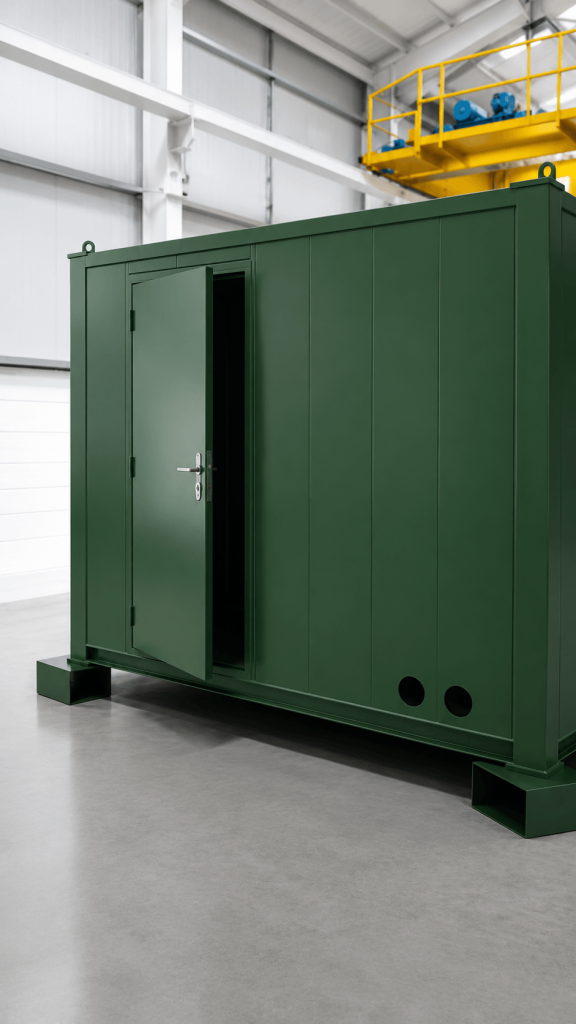 Green steel container conversion with personnel door
