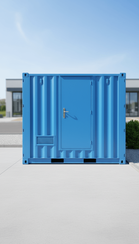 Light blue steel container conversion with personnel door