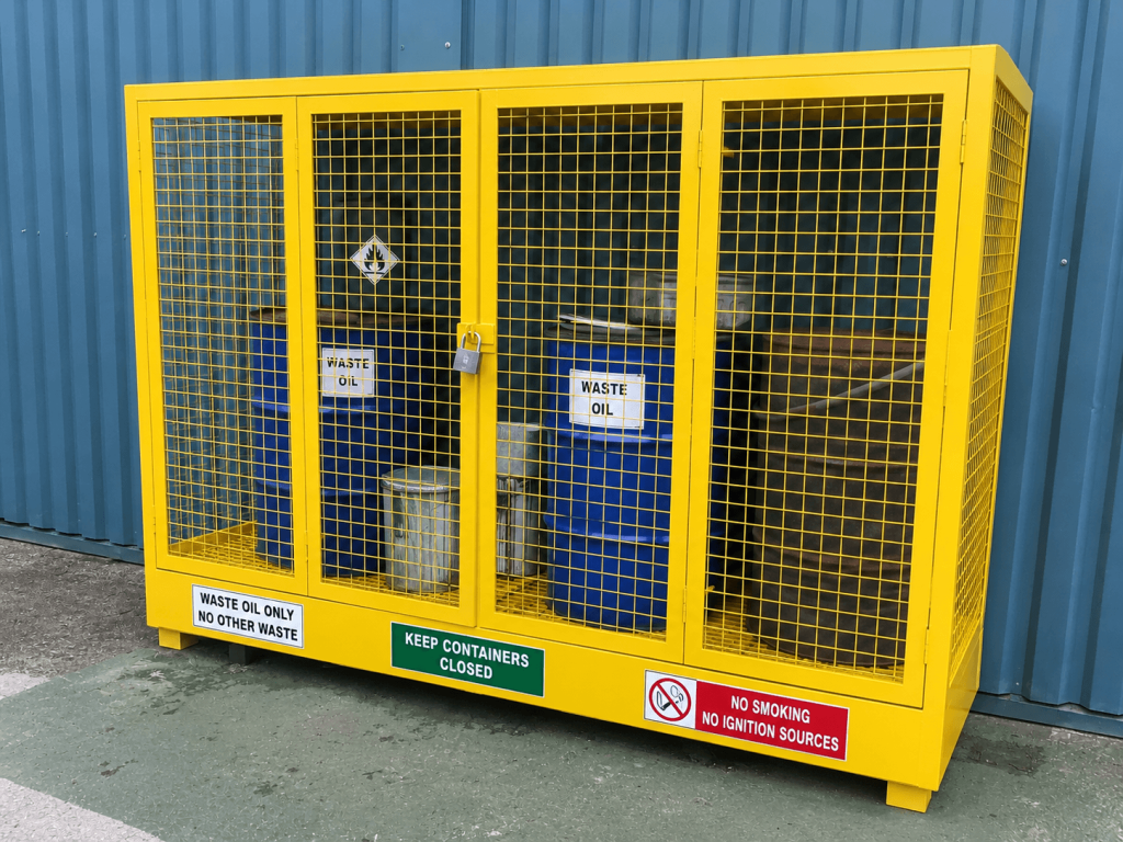 Steel mesh cage for chemical waste storage
