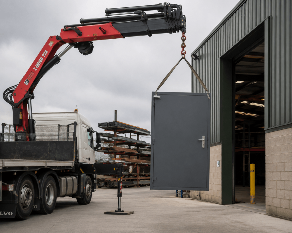 Crane lifting a steel panel onto a flatbed transport vehicle
