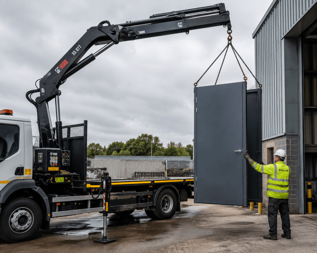 Crane lifting a steel enclosure panel at a warehouse