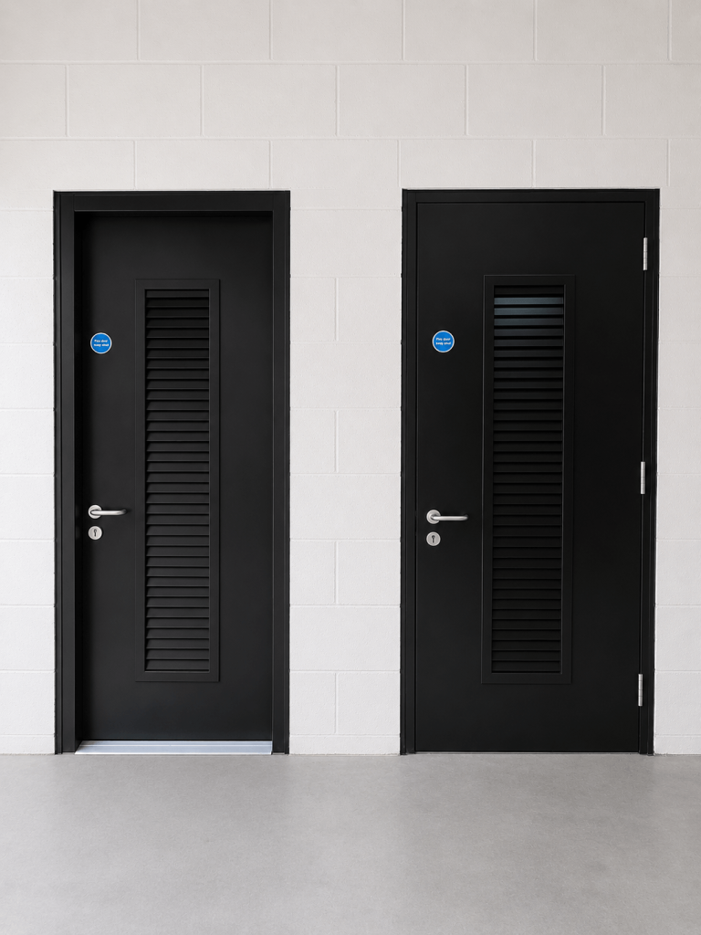 Dark steel double personnel doors with keypad access control