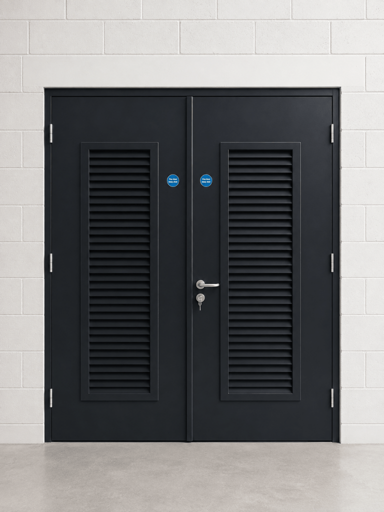 Teal steel personnel door in a brick exterior wall